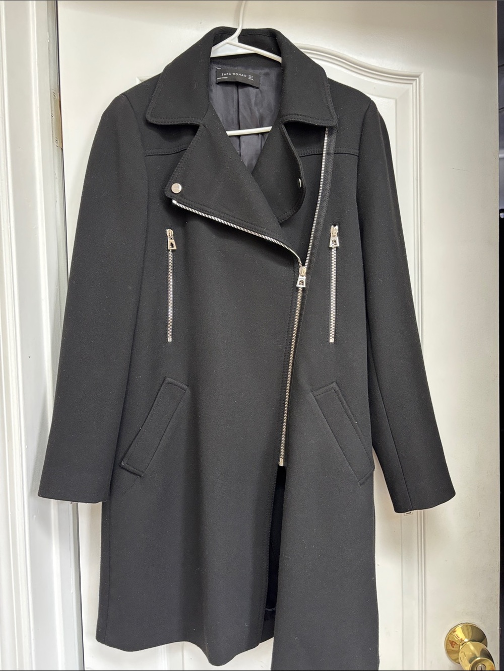Zara Black Asymmetrical Pea Coat with Silver Zippers